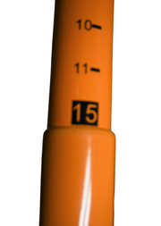 Bright orange 15-foot load height measuring stick with black font, made of lightweight fiberglass, and includes a black carrying case.