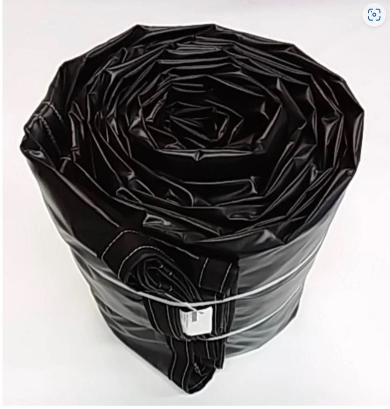 Black 16 by 17 foot steel tarp made of 16.5 oz vinyl, featuring a 4 by 8 foot flap, two rows of D-rings sewn on seatbelt webbing, and grommets clinched every 2 feet along the edge