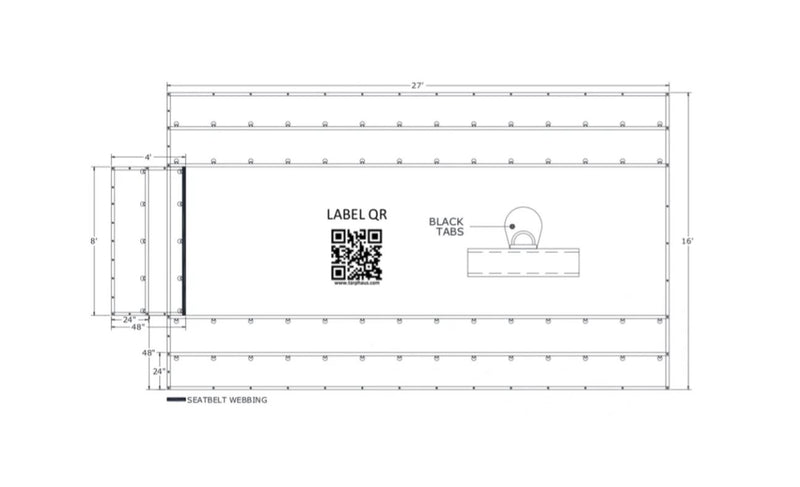 Black 16 by 27 foot ripstop steel tarp made of 14 oz vinyl, featuring a 4 by 8 foot flap, two rows of D-rings, and reinforced grommets clinched every 2 feet for secure cargo protection