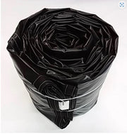 Black 20 by 28 foot steel tarp made of 16.5 oz vinyl, featuring a 6 by 8 foot flap, three rows of D-rings sewn on seatbelt webbing, and grommets clinched every 2 feet along the edge.