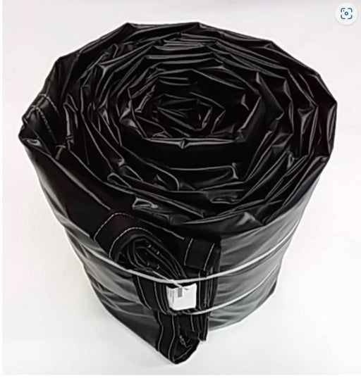 Black 28 by 27 foot machinery tarp made of 16.5 oz vinyl, featuring a 10 by 8 foot flap, four rows of D-rings sewn on seatbelt webbing, and grommets clinched every 2 feet along the edge.