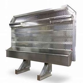 Aluminum cab rack measuring 68 inches by 80 inches, weighing 190 pounds, equipped with 2 chain hangers (each accommodating up to 14 chains or binders) and a full tray.