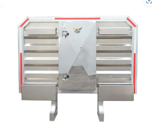 Aluminum cab rack measuring 68 inches by 80 inches, featuring a center mini-vault with smooth mirror finish doors, equipped with 2 chain racks and 2 half trays; weighs 218 lbs.
