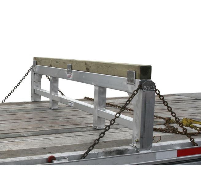 Aluminum load leveler measuring 5 inches long, 100-7/8 inches wide, and 18 inches high; 20,000-pound capacity, adjustable stake pocket post, suitable for 18-inch drop step deck trailers.