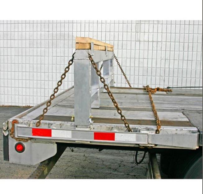 Aluminum load leveler measuring 5 inches long, 100-7/8 inches wide, and 20 inches high; 20,000-pound capacity, adjustable stake pocket post, suitable for 20-inch drop step deck trailers.