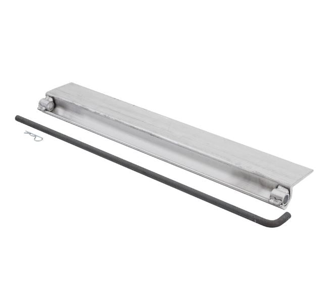 Aluminum skid seat measuring 36 inches in length and 4 inches in width, weighing 16 pounds; includes a steel pin. Suitable for pin-on end ramps; mounting hardware not included.