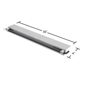 Aluminum skid seat measuring 36 inches in length and 4 inches in width, weighing 16 pounds; includes a steel pin. Suitable for pin-on end ramps; mounting hardware not included.