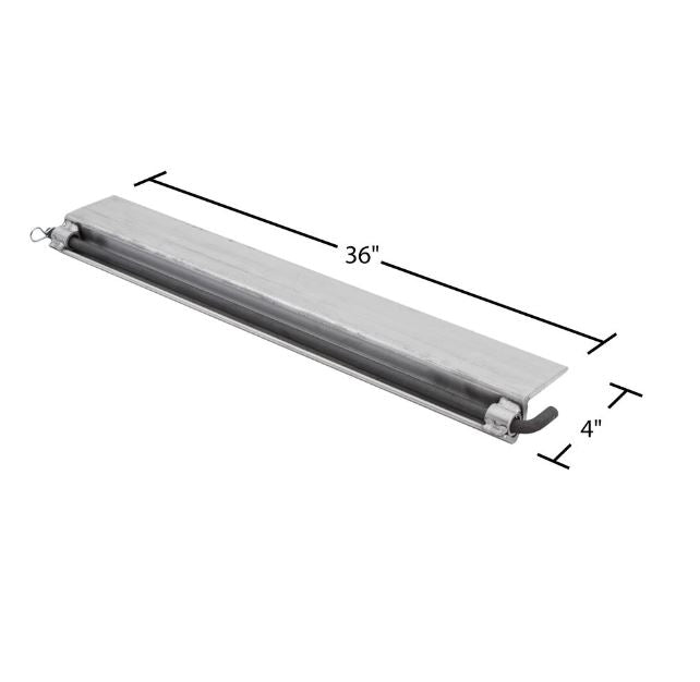 Aluminum skid seat measuring 36 inches in length and 4 inches in width, weighing 16 pounds; includes a steel pin. Suitable for pin-on end ramps; mounting hardware not included.