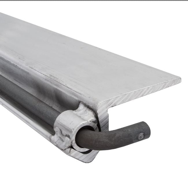 Aluminum skid seat measuring 36 inches in length and 4 inches in width, weighing 16 pounds; includes a steel pin. Suitable for pin-on end ramps; mounting hardware not included.