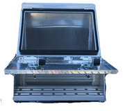 Durable aluminum step box measuring 23 inches deep, 28 inches high, and 24 inches wide, weighing 51 pounds. Equipped with welded steps featuring punched plates, T-lock with nylon roller, and rubber weather seal. Mounting brackets sold separately