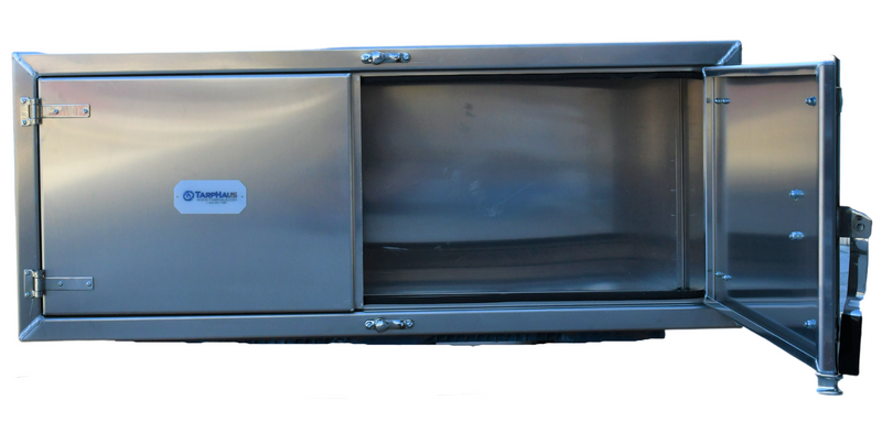 Aluminum underbody trailer tool box with mirror finish doors, measuring 18 inches high, 18 inches deep, and 60 inches wide, equipped with a paddle lock and weather-resistant rubber seal.