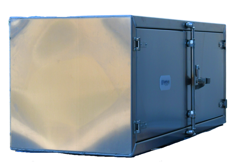 Aluminum underbody trailer tool box with mirror finish doors, measuring 18 inches high, 24 inches deep, and 60 inches wide, equipped with a paddle lock and weather-resistant rubber seal.