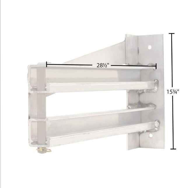 Aluminum double ramp hanger designed for 18-inch or 20-inch wide ramps; left-hand configuration, dimensions of 2 feet 4.5 inches in length, 15.75 inches in width, and 5 inches in height, weighing 35 pounds. Mounting hardware not included.