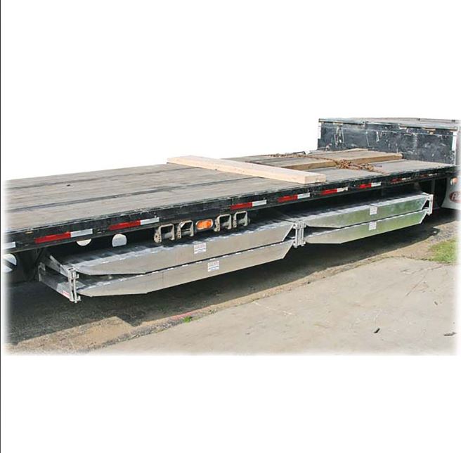 Aluminum double ramp hanger designed for 18-inch or 20-inch wide ramps; right-hand configuration, dimensions of 28.5 inches in length, 15.75 inches in width, and 5 inches in height, weighing 35 pounds. Mounting hardware not included.