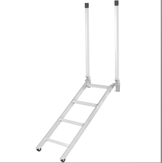 Aluminum EZ Deck Step® trailer ladder by HD Ramps, featuring pin clamp attachment, caster wheels, and 375-pound weight capacity.