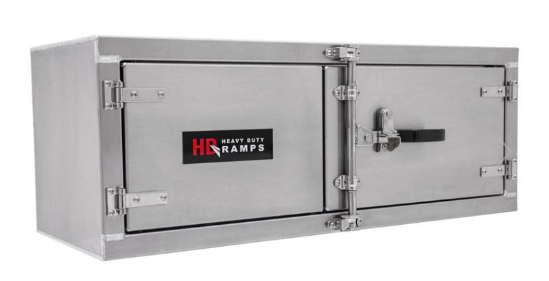 HD Ramps underbody aluminum toolbox measuring 18 inches high, 24 inches deep, and 48 inches wide; equipped with double doors, paddle lock latches, and a weather-resistant seal.