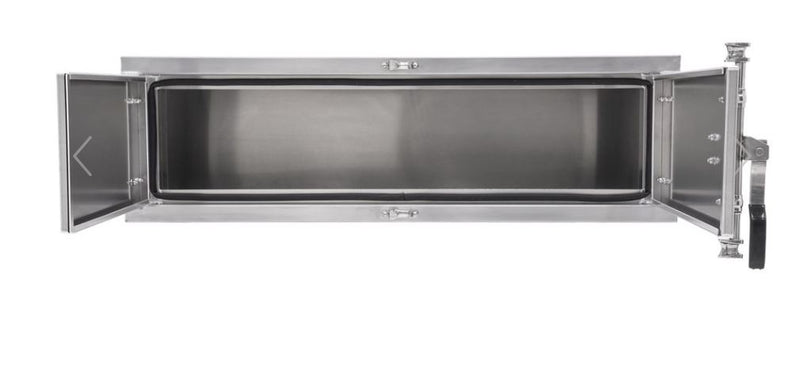 HD Ramps underbody aluminum toolbox measuring 18 inches high, 24 inches deep, and 48 inches wide; equipped with double doors, paddle lock latches, and a weather-resistant seal.