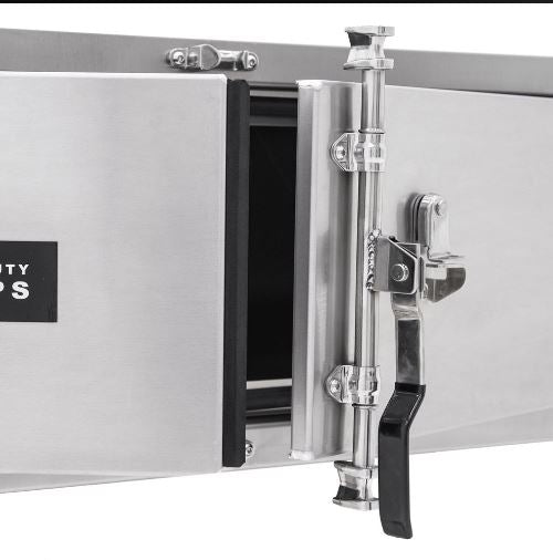 HD Ramps underbody aluminum toolbox measuring 18 inches high, 24 inches deep, and 48 inches wide; equipped with double doors, paddle lock latches, and a weather-resistant seal.