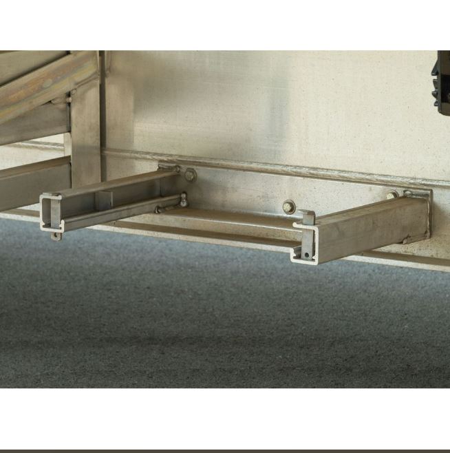 Pair of heavy-duty ramp stand brackets made from high-strength, lightweight aluminum; each bracket weighs 26 lbs and features a lockable pin system (lock not included) for secure storage under flatbed trailers.
