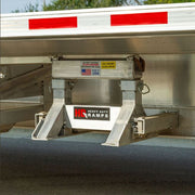 Pair of heavy-duty ramp stand brackets made from high-strength, lightweight aluminum; each bracket weighs 26 lbs and features a lockable pin system (lock not included) for secure storage under flatbed trailers.