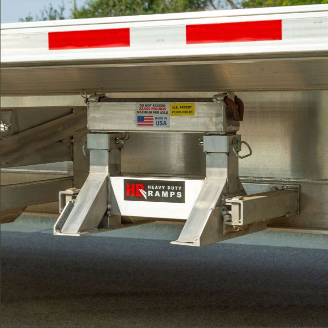 Pair of heavy-duty ramp stand brackets made from high-strength, lightweight aluminum; each bracket weighs 26 lbs and features a lockable pin system (lock not included) for secure storage under flatbed trailers.