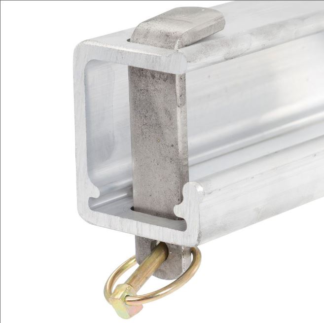 Pair of heavy-duty ramp stand brackets made from high-strength, lightweight aluminum; each bracket weighs 26 lbs and features a lockable pin system (lock not included) for secure storage under flatbed trailers