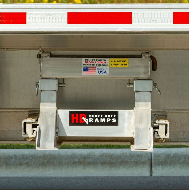 Pair of heavy-duty ramp stand brackets made from high-strength, lightweight aluminum; each bracket weighs 26 lbs and features a lockable pin system (lock not included) for secure storage under flatbed trailers