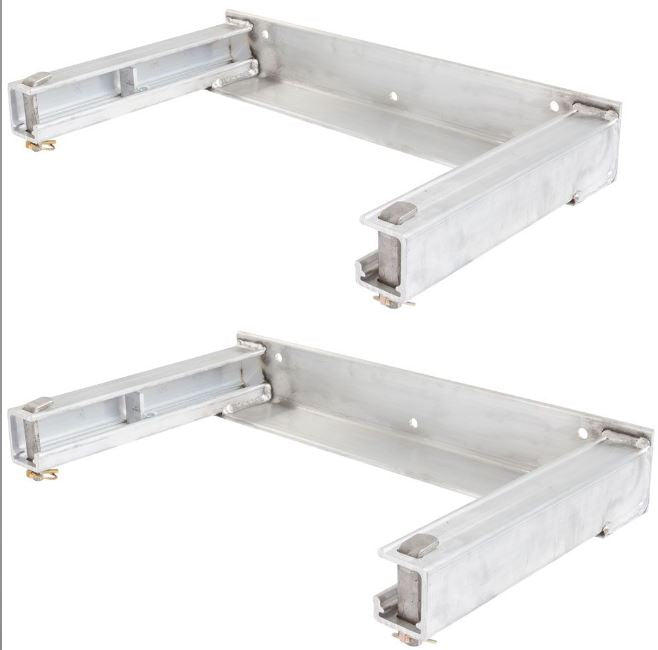 Pair of heavy-duty ramp stand brackets made from high-strength, lightweight aluminum; each bracket weighs 26 lbs and features a lockable pin system (lock not included) for secure storage under flatbed trailers