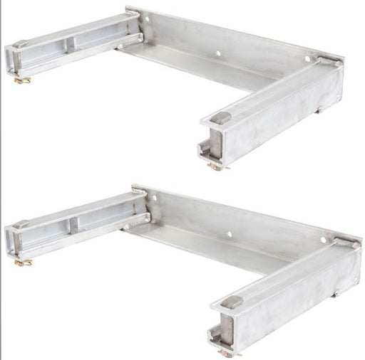 Pair of heavy-duty ramp stand brackets made from high-strength, lightweight aluminum; each bracket weighs 26 lbs and features a lockable pin system (lock not included) for secure storage under flatbed trailers