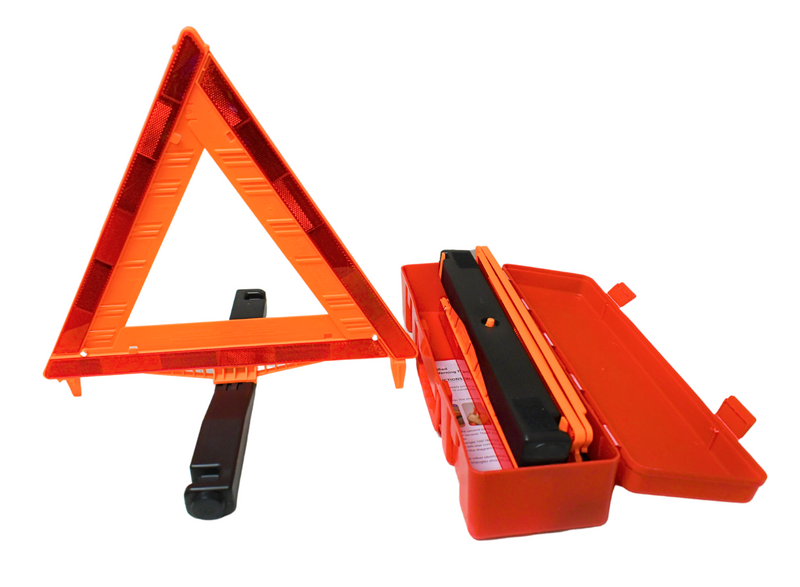 Highway Emergency Triangle Kit including three reflective triangles with weighted bases and a black carrying case.