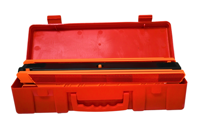 Highway Emergency Triangle Kit including three reflective triangles with weighted bases and a black carrying case.