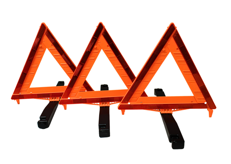 Highway Emergency Triangle Kit including three reflective triangles with weighted bases and a black carrying case.