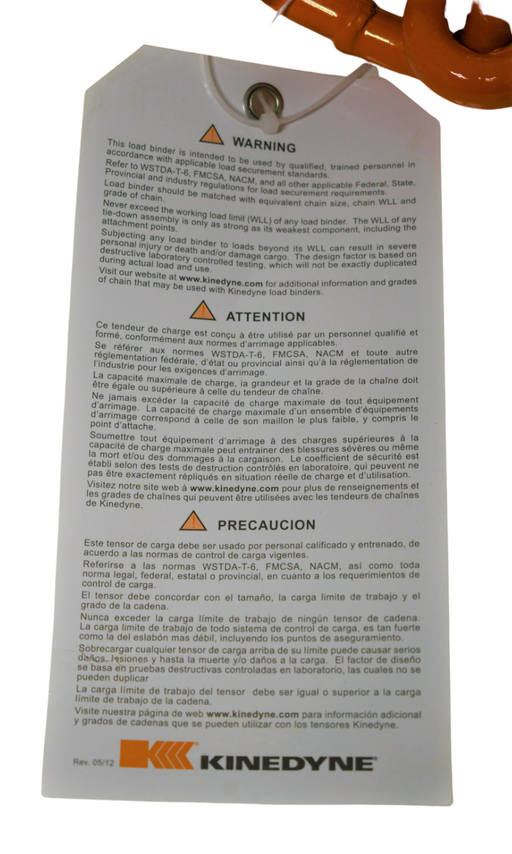 Kinedyne orange ratchet style chain binder for 3/8" to 1/2" chains, 9,200 lbs working load limit, 15-inch width, 24-inch length, 12.9 lbs weight.