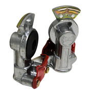 Red powder-coated emergency glad hand made from aluminum castings, with stainless steel filters and rubber seals; complies with SAE J318 guidelines.