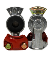 Red powder-coated emergency glad hand made from aluminum castings, with stainless steel filters and rubber seals; complies with SAE J318 guidelines.