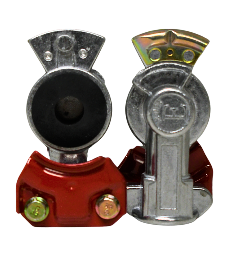 Red powder-coated emergency glad hand made from aluminum castings, with stainless steel filters and rubber seals; complies with SAE J318 guidelines.