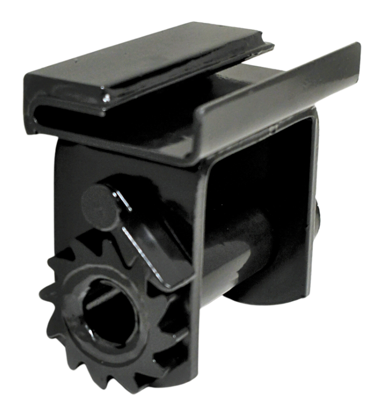 Black powder-coated standard utility slider winch with a 5,500 lbs working load limit, weighing 13 lbs, designed for use with utility trailer channels.