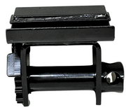 Black powder-coated standard utility slider winch with a 5,500 lbs working load limit, weighing 13 lbs, designed for use with utility trailer channels.
