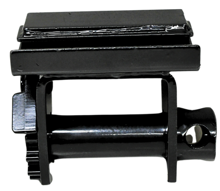 Black powder-coated standard utility slider winch with a 5,500 lbs working load limit, weighing 13 lbs, designed for use with utility trailer channels.