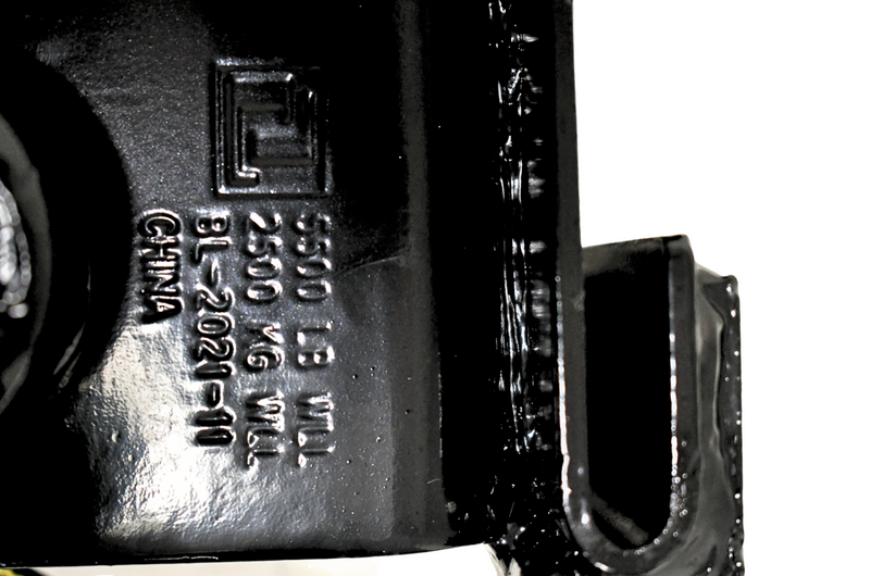 Black powder-coated standard utility slider winch with a 5,500 lbs working load limit, weighing 13 lbs, designed for use with utility trailer channels.