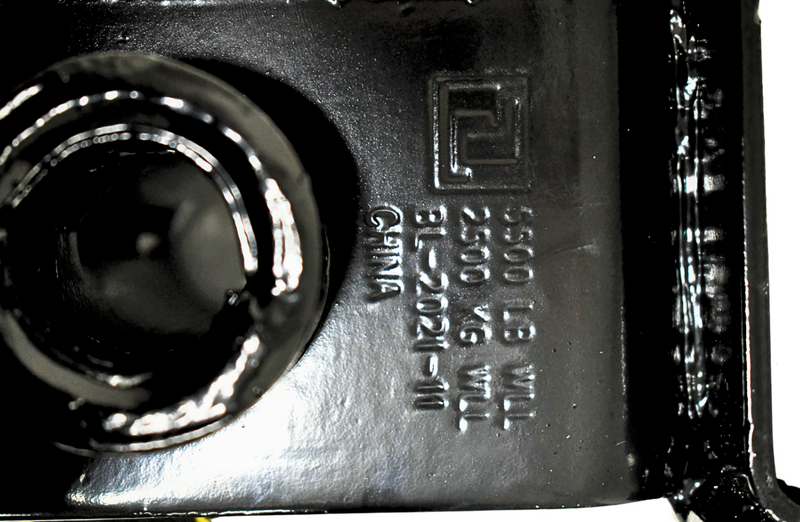 Black powder-coated standard utility slider winch with a 5,500 lbs working load limit, weighing 13 lbs, designed for use with utility trailer channels.