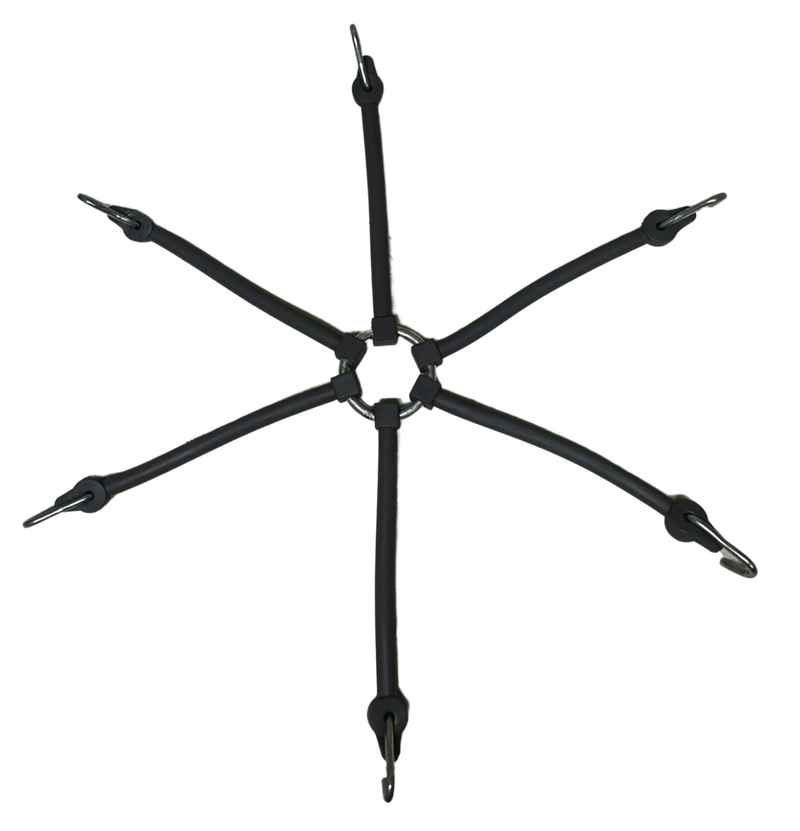 Set of 2 TarpHaus spider-style tire chain tensioners, each measuring 16.5 inches end-to-end, constructed from heavy-duty rubber for optimal chain tension.