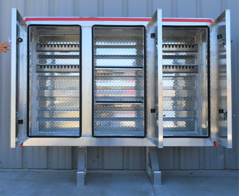 TarpHaus aluminum cab rack measuring 68 inches by 80 inches, featuring three vaulted smooth doors; outer compartments include chain racks, and the center compartment has shelves.