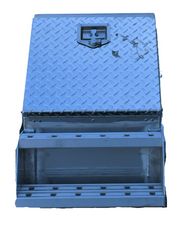TarpHaus aluminum step box measuring 23 inches deep, 28 inches high, and 18 inches wide; features welded steps with punched plates, T-lock with nylon roller, and weather-resistant rubber seal.