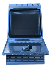 TarpHaus aluminum step box measuring 23 inches deep, 28 inches high, and 18 inches wide; features welded steps with punched plates, T-lock with nylon roller, and weather-resistant rubber seal.