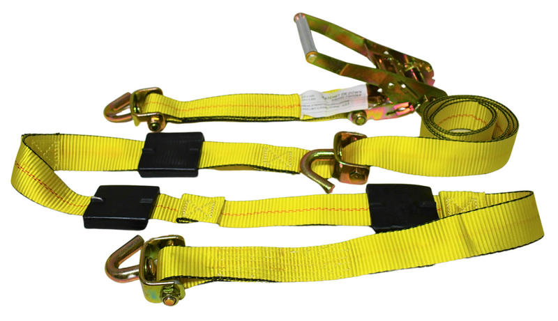 TarpHaus 2-inch by 10-foot over-the-tire ratchet tie down strap with 1,667 lbs working load limit, 5,000 lbs breaking strength, 3 rubber blocks, and 3 swivel J-hooks.