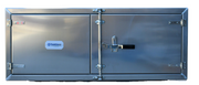TarpHaus aluminum underbody trailer tool box measuring 24 inches high, 24 inches deep, and 60 inches wide, featuring a mirror finish with paddle lock and weather-resistant rubber seal.