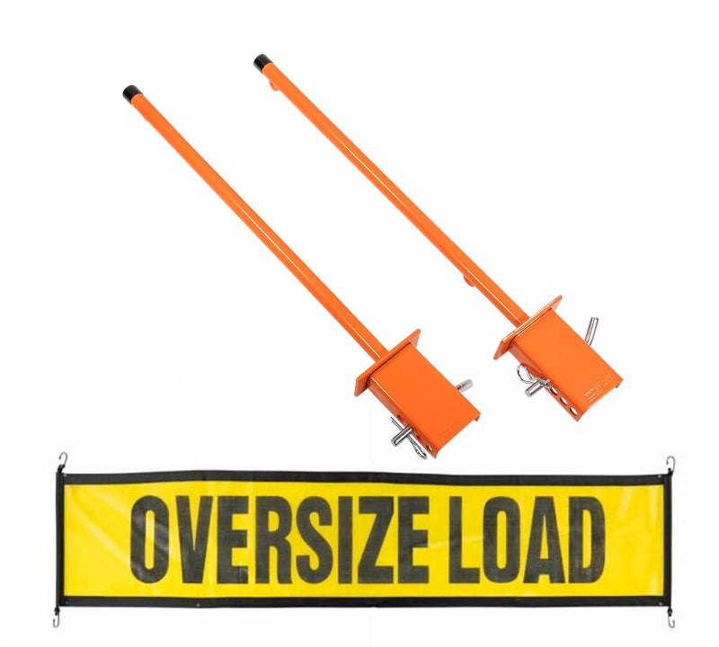 Two orange poles with metal brackets and an 'OVERSIZE LOAD' banner on a white background.