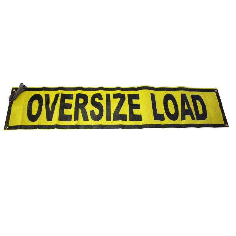 Yellow 18 by 84 inch Oversize Load banner made of durable vinyl-coated mesh, featuring black lettering and sewn-in ropes at each corner for secure attachment.